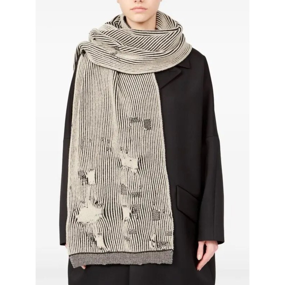 MM6 NWT Maison Margiela Distressed Striped Ribbed Knit Scarf Black Beige l‎